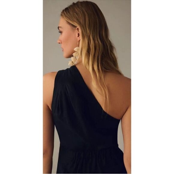 By Anthropologie Black One Shoulder Linen Wrap Dress - Picture 4 of 8